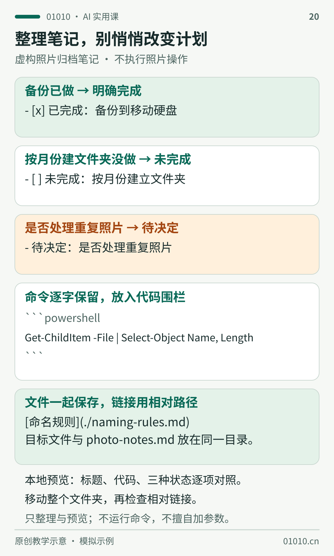 原始笔记中备份已做变为已勾选，按月份建文件夹没做变为未勾选，是否处理重复照片保留待决定；命令放代码围栏，命名规则使用相对链接，最后本地预览核对。