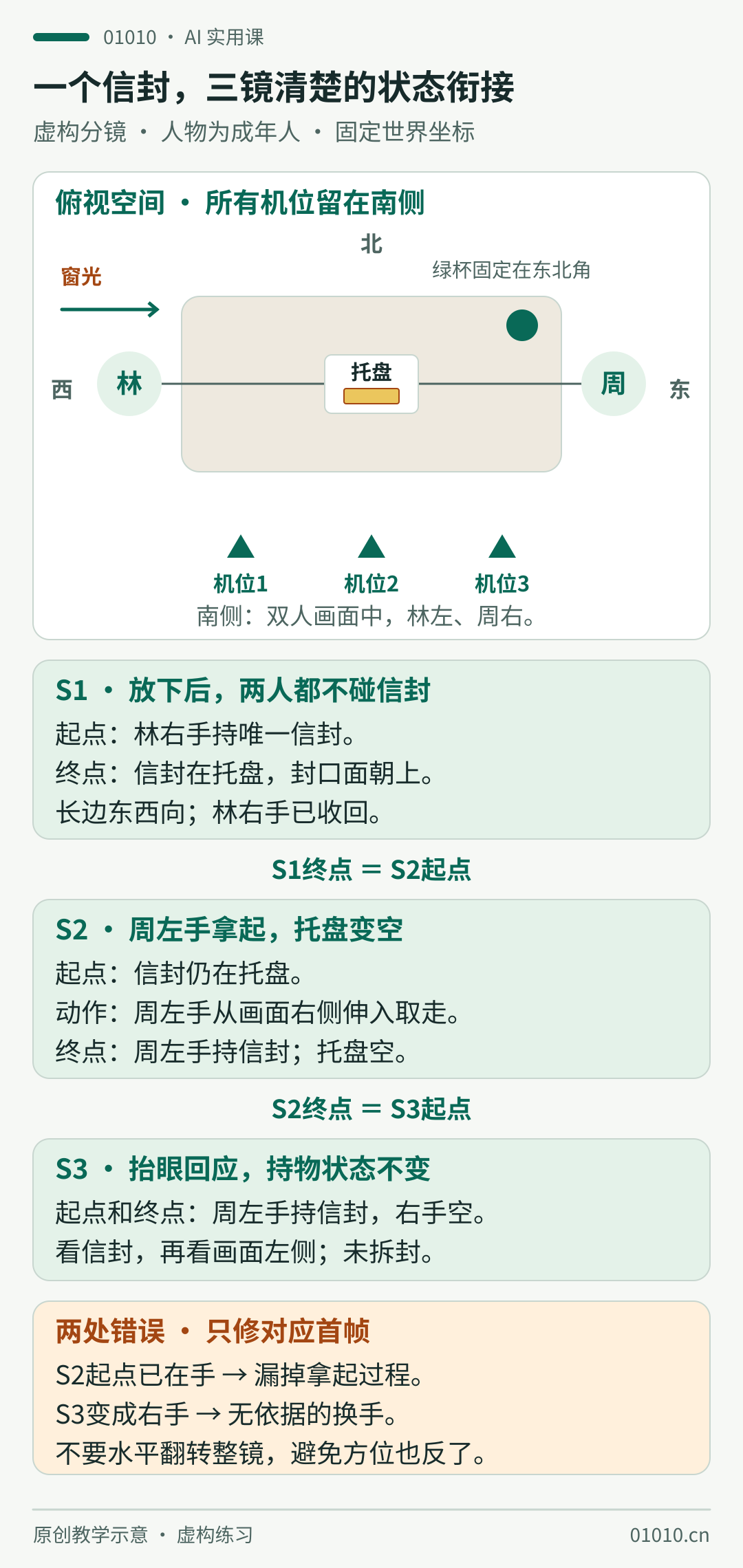 俯视图为长桌东西向，林在西、周在东，托盘中央、绿杯东北，窗光来自西侧，三机位均在南侧。状态顺序：S1林右手放下唯一封口信封，结束在托盘；S2起点信封在托盘，周左手拿走，结束托盘空；S3起终点均由周左手持信封，未拆封。两个错误是S2起点已经在手，及S3换成右手。