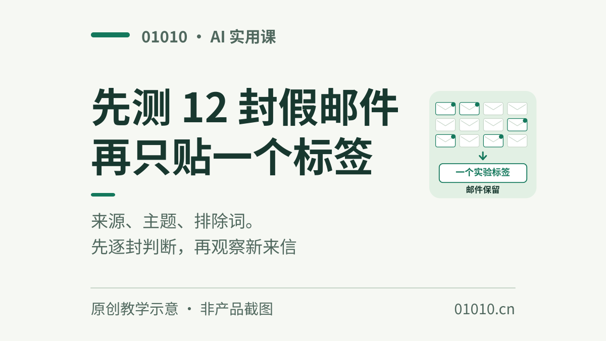用AI写Gmail过滤规则：先测12封假邮件，再只贴一个标签
