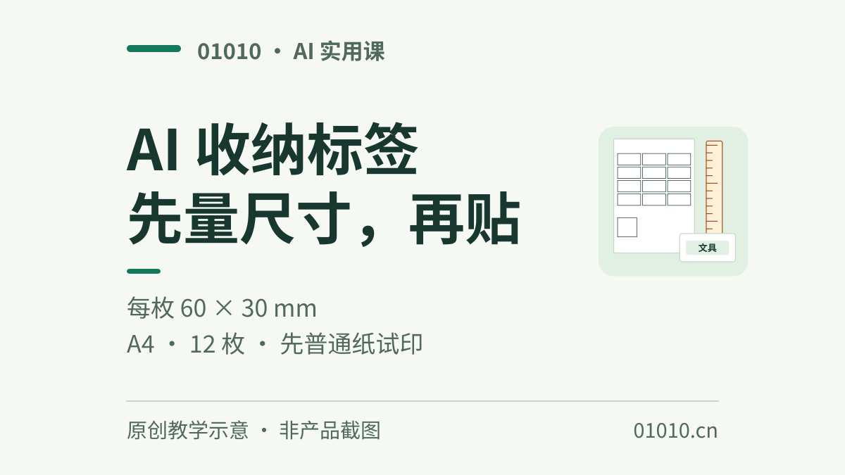 用AI做一页收纳标签：锁定毫米尺寸，打印前先量校准框