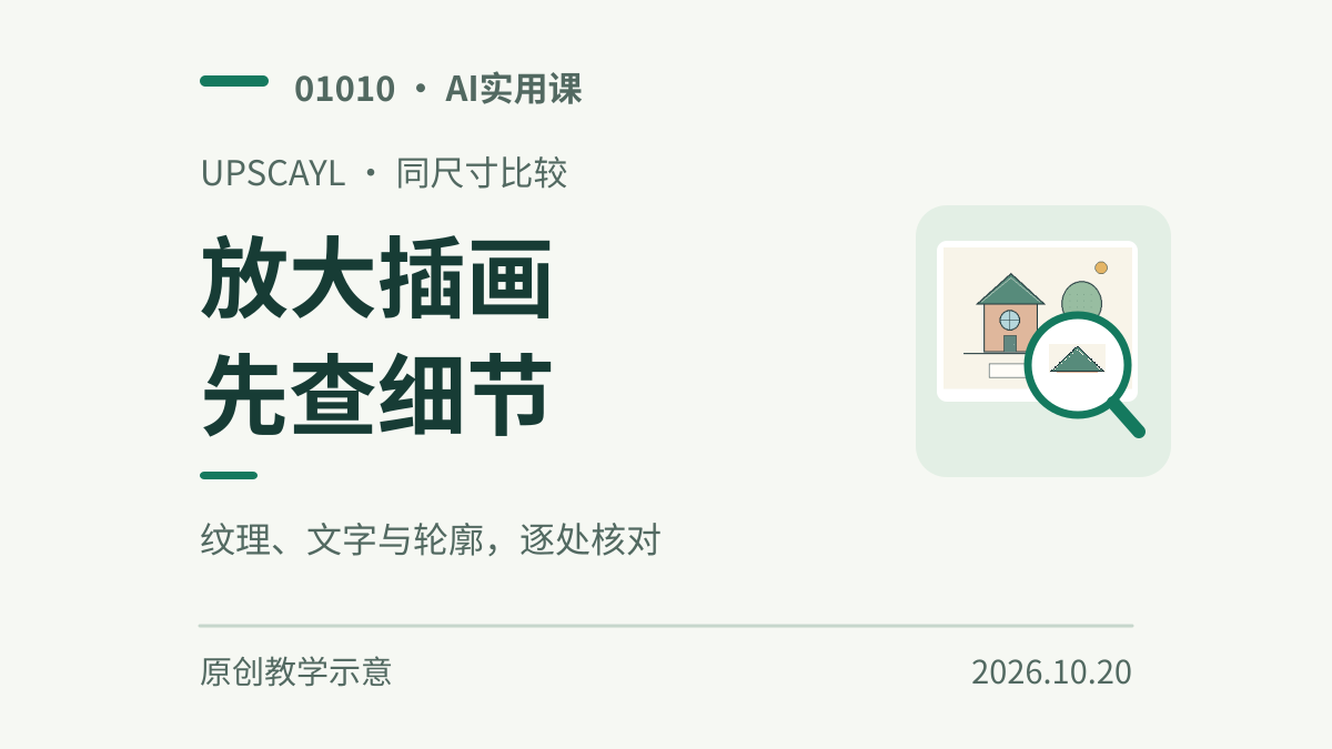 小插画与放大镜的原创示意，提醒放大后检查纹理、文字和轮廓。
