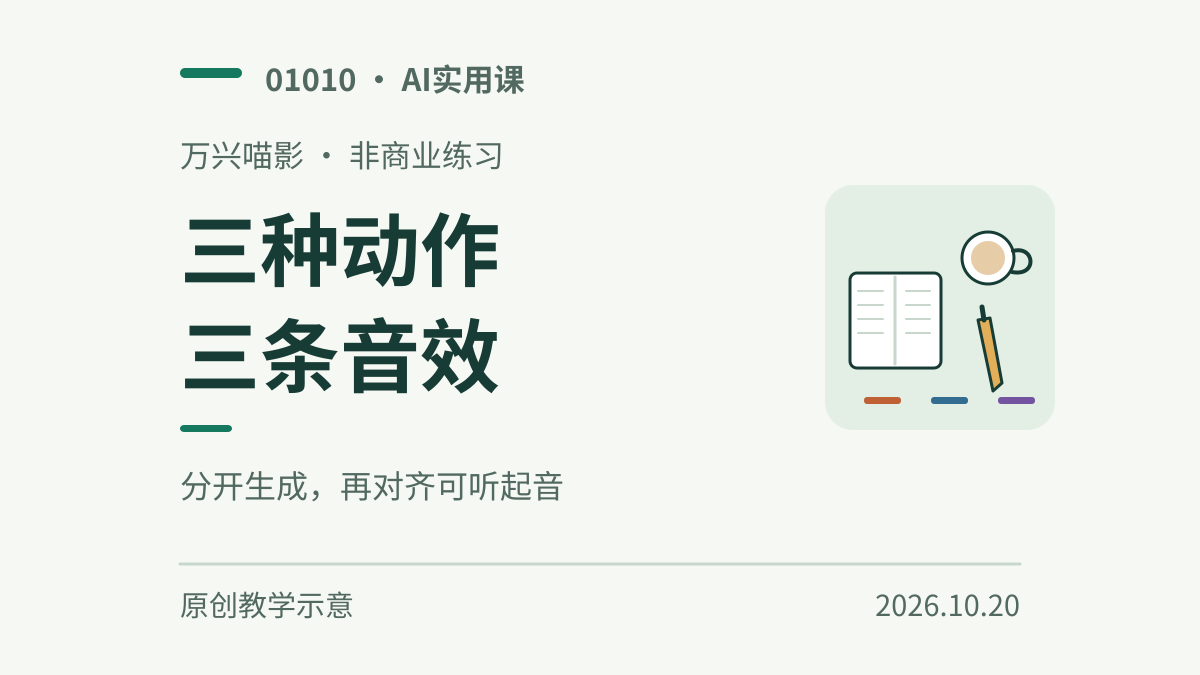 杯子、空白笔记本与按动笔的原创示意，三种彩色短条表示三条独立音效。