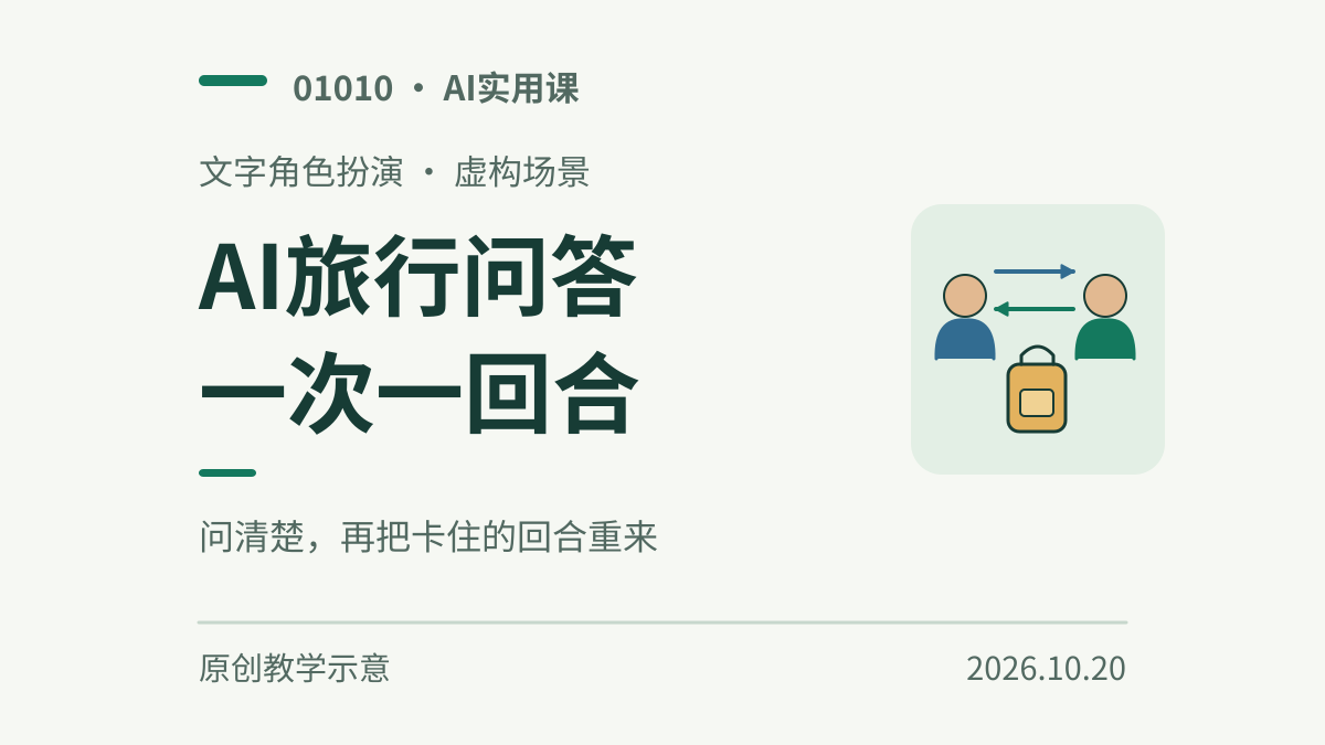 两个人物图标、双向箭头和背包，示意旅行问答逐轮接话。