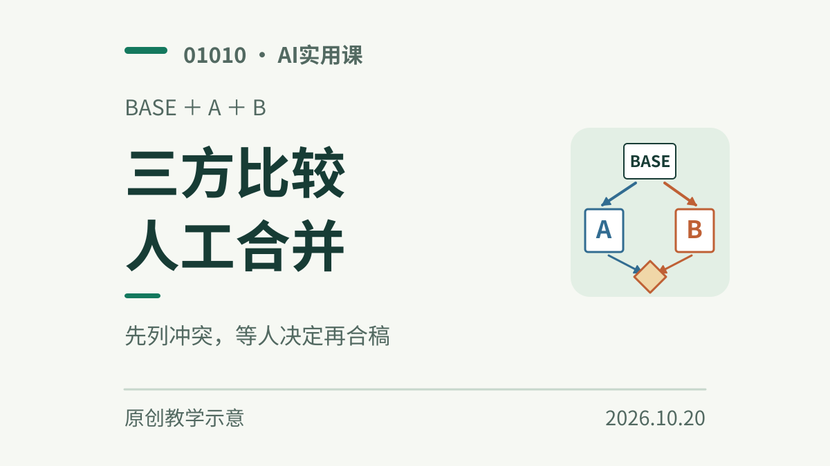 共同原稿BASE分出A、B两份改稿，两条连线汇入人工决定的菱形节点。